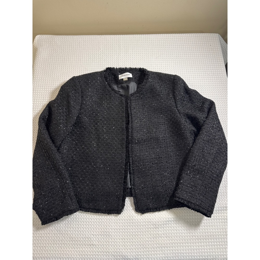 Calvin Klein Jacket Womens 14 Tweed Open Front Black Metallic Frayed EUC